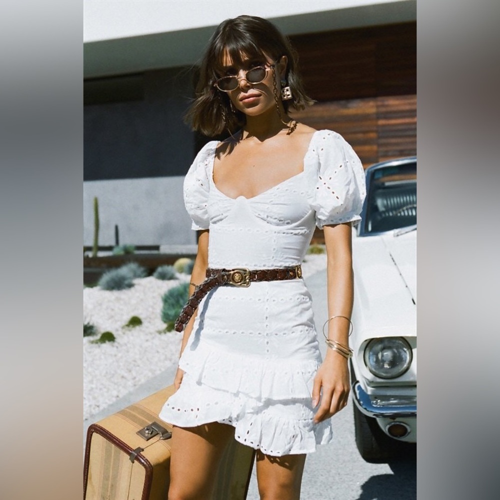 SABO Luxe Eyelet Lace White Dress Bold Sleeve Belt XS